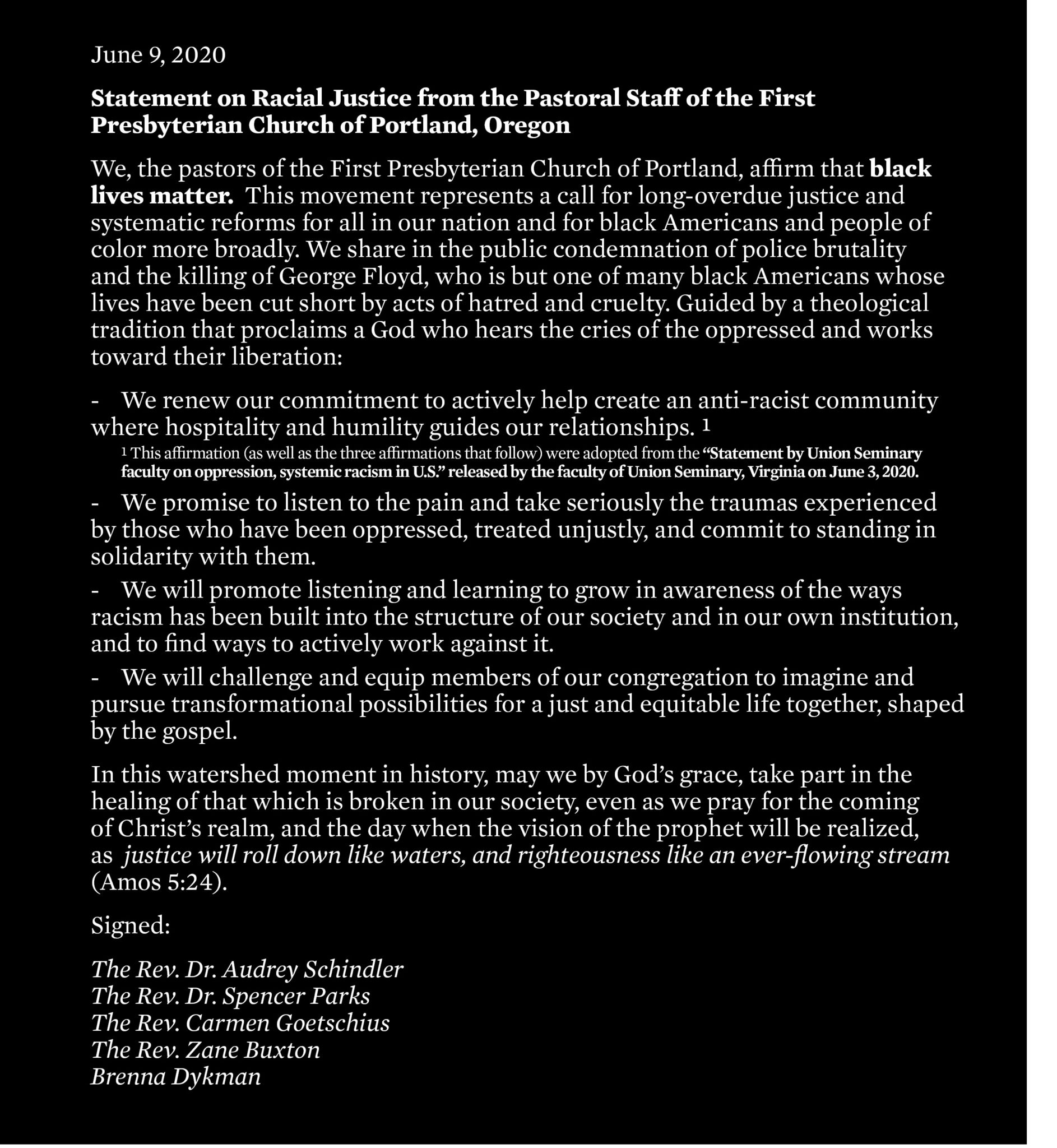 Statement On Racial Justice From The Pastoral Staff Of The First ...